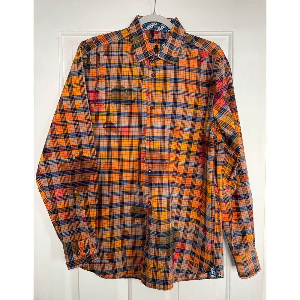 Luchiano Visconti Orange Shirt Button Down Abstract Paint Splatter - size Large